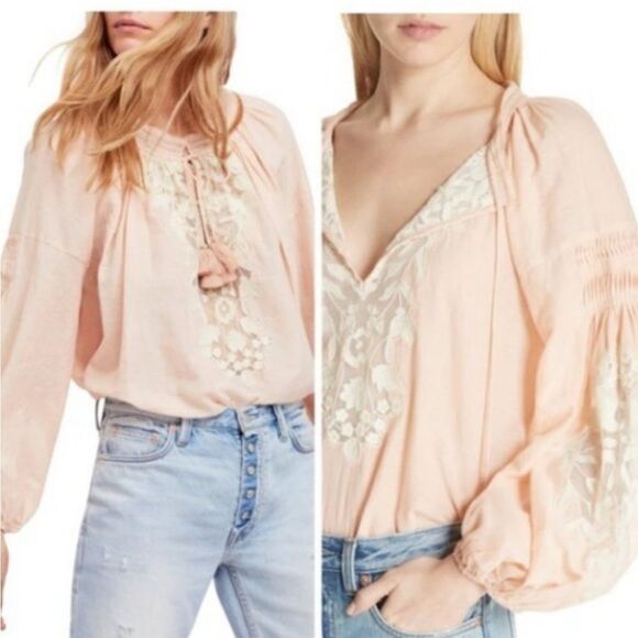 Free People Shimla Peach Ivory boho peasant lace Embroidered Split Neck Top XS - Picture 3 of 16